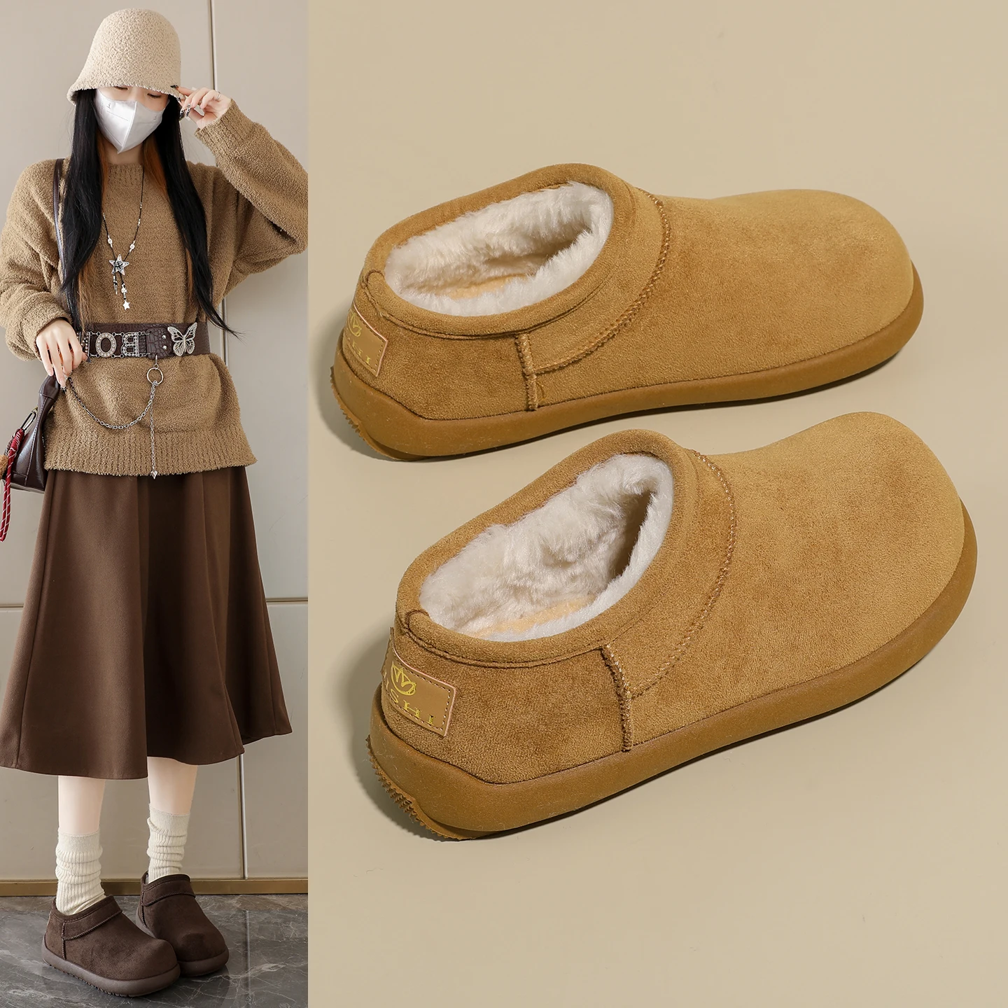 2026 New Winter Women's Flat Bread Shoes, Fleece Lined Thickened Warm Snow Shoes, Thermal Cotton Shoes