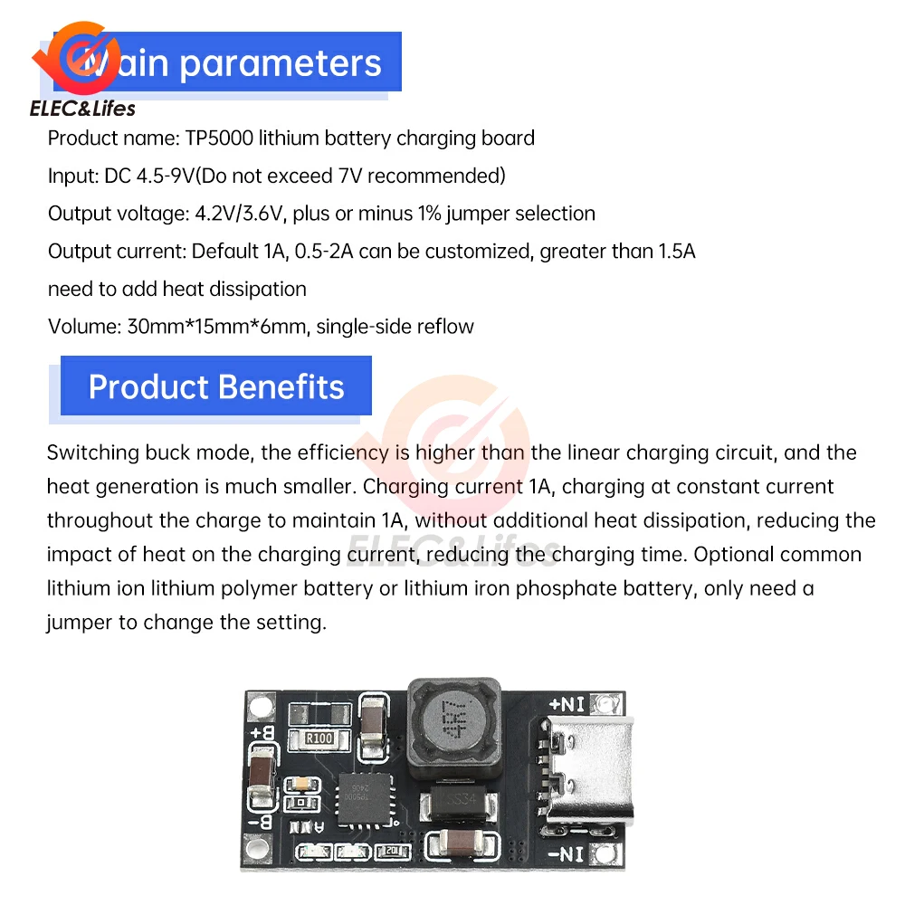 Modulo caricabatteria al litio agli ioni di litio TP5000 da 4,5-9 V a 4,2 V/3,6 V 1A Convertitore step-down buck Tipo-C Doppio LED e protezione di sicurezza