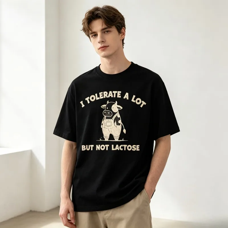 Unisex Casual Short Sleeve Tee I TOLERATE A LOT BUT NOT LACTOSE Cartoon Cow Print Summer Daily Soft Loose Tshirt
