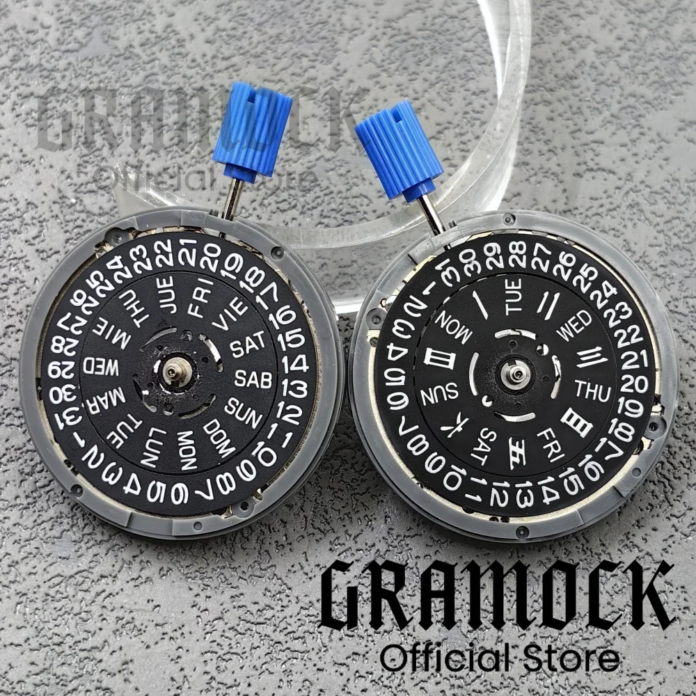 Gramock High Accuracy NH36 Luminous Black White Blue English Chinese Calendar Disc 24 Jewels Automatic Movemen 3.0 O'Clock Crown