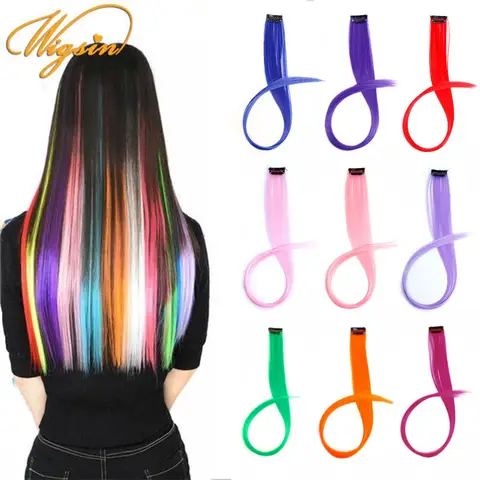 WIGSIN 합성 긴 스트레이트 헤어 익스텐션 – 레인보우 컬러 퍼플, 레드, 블루 여성용 헤어 피스