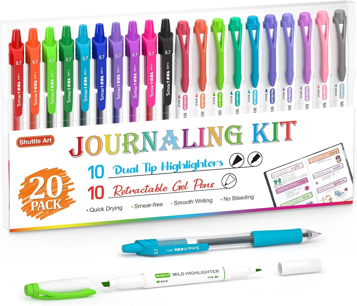 

20-Pack Journaling Kit with 10 Dual-Tip Highlighters & 10 Gel Pens, Ideal for Coloring, Underlining, Writing at Home or School