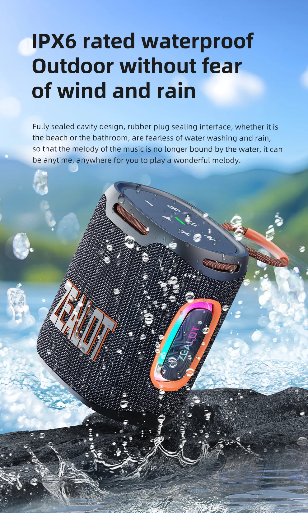 Zealot-S122 Original Tragbarer Bluetooth-Lautsprecher mit Ausgewogenem Subwoofer-Sound, BT5.3 Outdoor-Lautsprecher mit LED-Licht, TF-Slot und USB – Detail 9