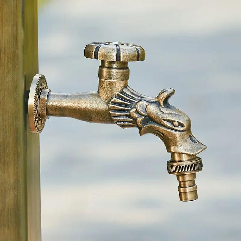 Antique Bibcock Faucet Brass Carved Dragon Outdoor Single Cold Faucet Mop Tap Garden Bibcock Washing Machine Faucet