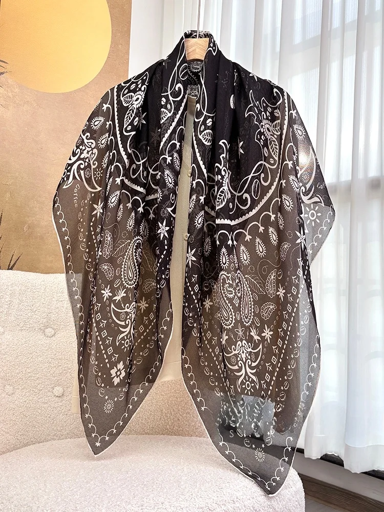 エレガントでおしゃれなシルクスカーフ、多用途ショール、春秋用シフォン、女性用06cm、装飾的な植物柄の花柄