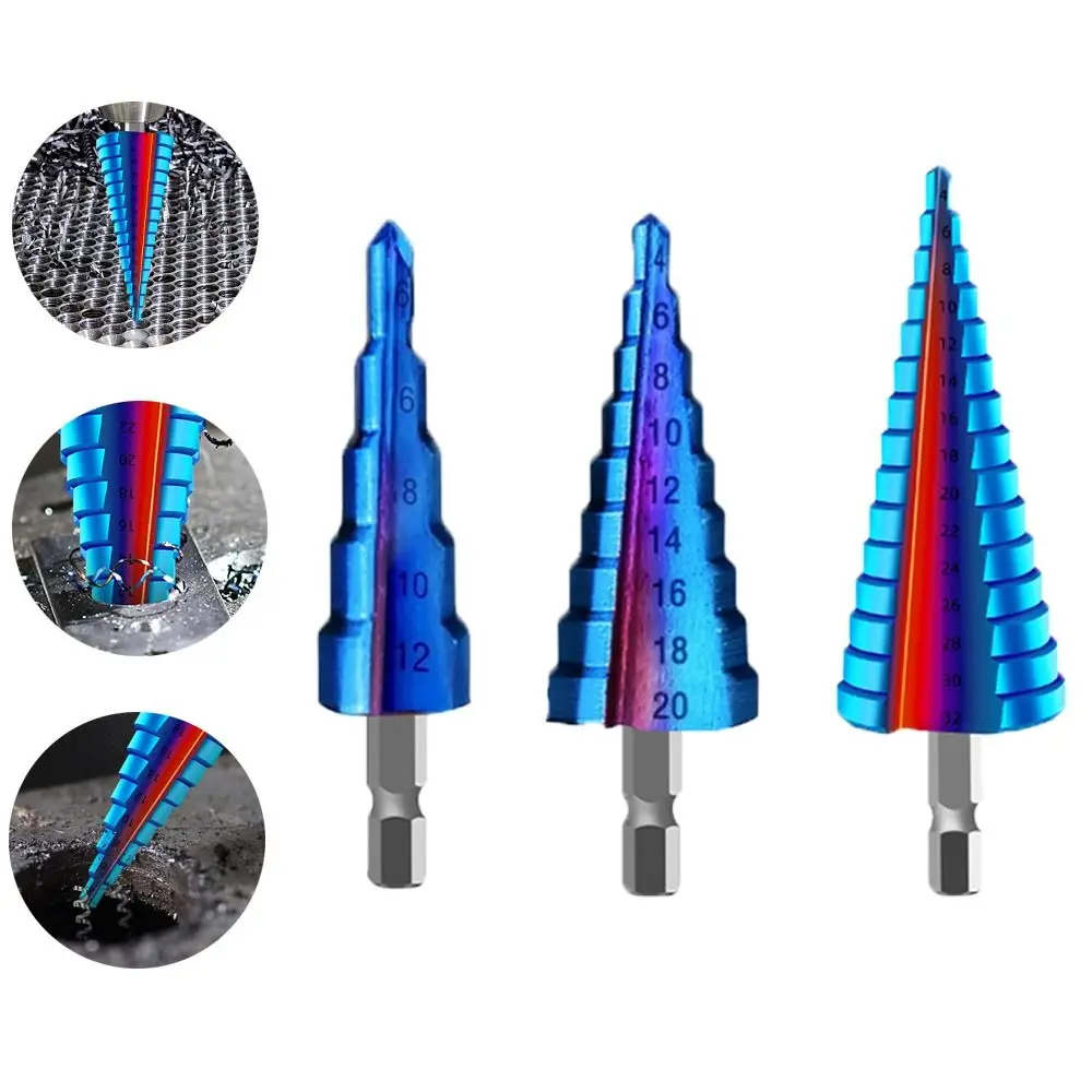 Durable High-speed Steel Step Drill Bit Hexagon Shank 4-12 4-20 4-32mm Hole Opener Blue Coated Step Cone Drill For Wood Metal