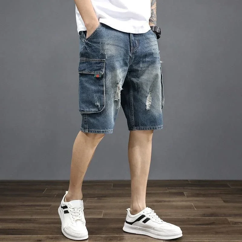 Male Denim Shorts Half Men\'s Short Jeans Pants Long with Pockets Ripped Knee Length Vintage Korean Fashion Thin Harajuku Luxury