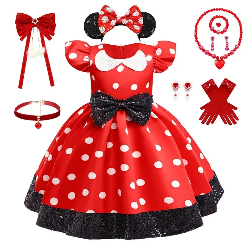 Girl's Bow Princess Dress Minnie Out Kids Costume Dress Short Sleeve Infant Children's Clothing 18M-5Years Mouse Polka Dot Dress