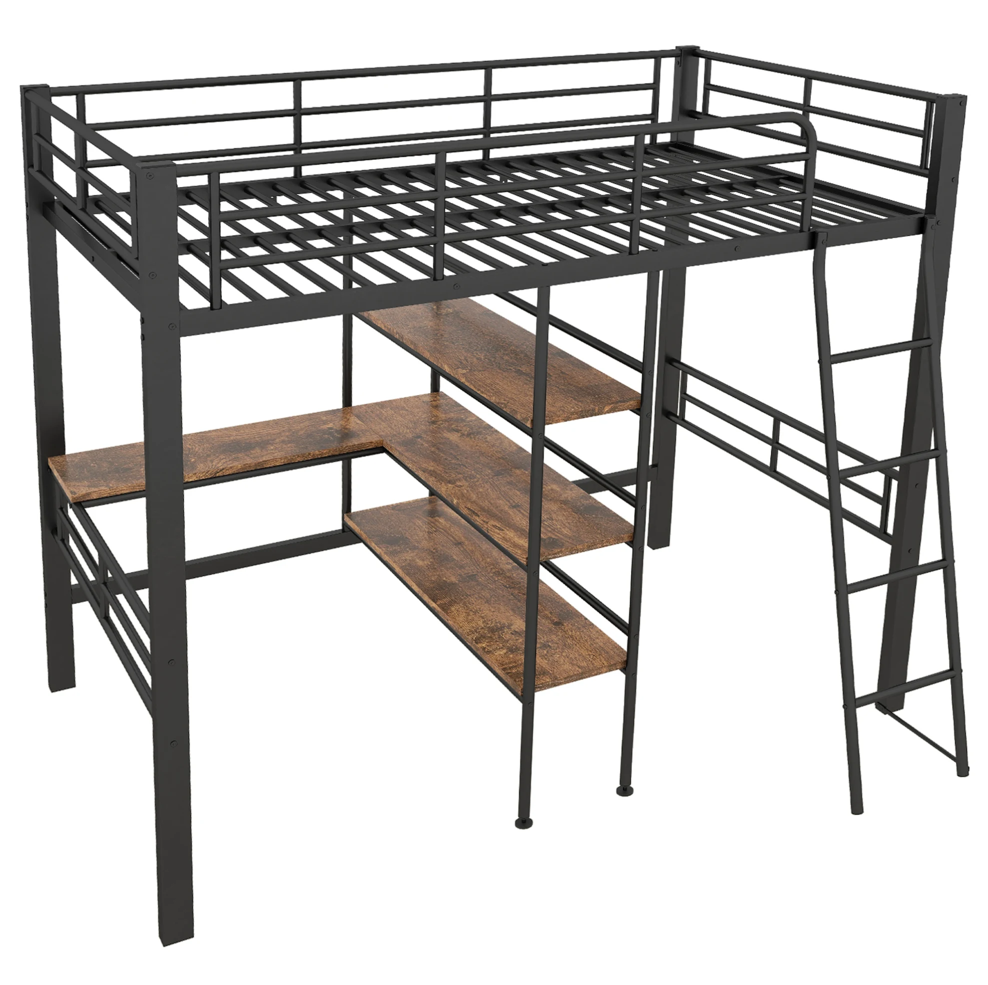 Kinderhoogslaper 90x200 cm met bureau, planken, ladder en veiligheidsleuning, zwart metalen frame