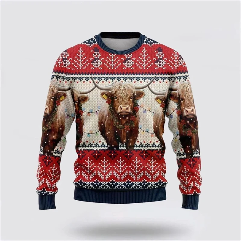 

Cow Graphic Ugly Christmas Sweater Men Casual Fashion Loose Pullover Top 3D Printed Animal Christmas Popular Sweatshirt Men Tops