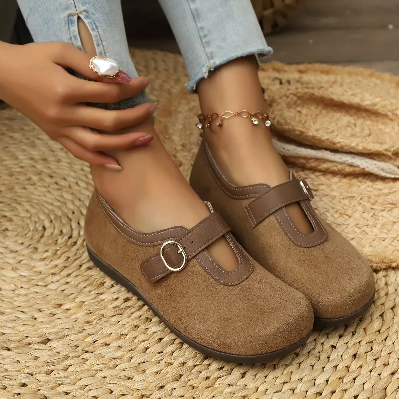 Flat Bottom Women's Shoes Spring Summer Single Shoes Mary Janes Retro Grandma Bean Shoes Fashionable Slip-On Flats
