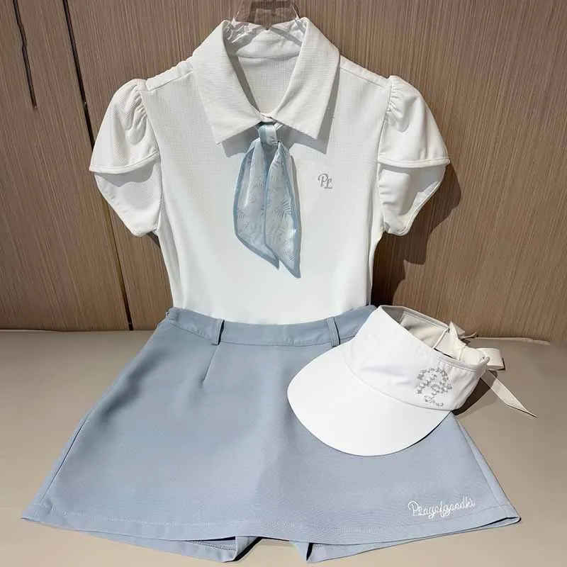 PL OL Golf Clothing Women Puff Sleeve Polo Shirt Quick-Dry Slim Top with Bow Ribbon Ladies High Waist Golf Tennis Skirt Culottes