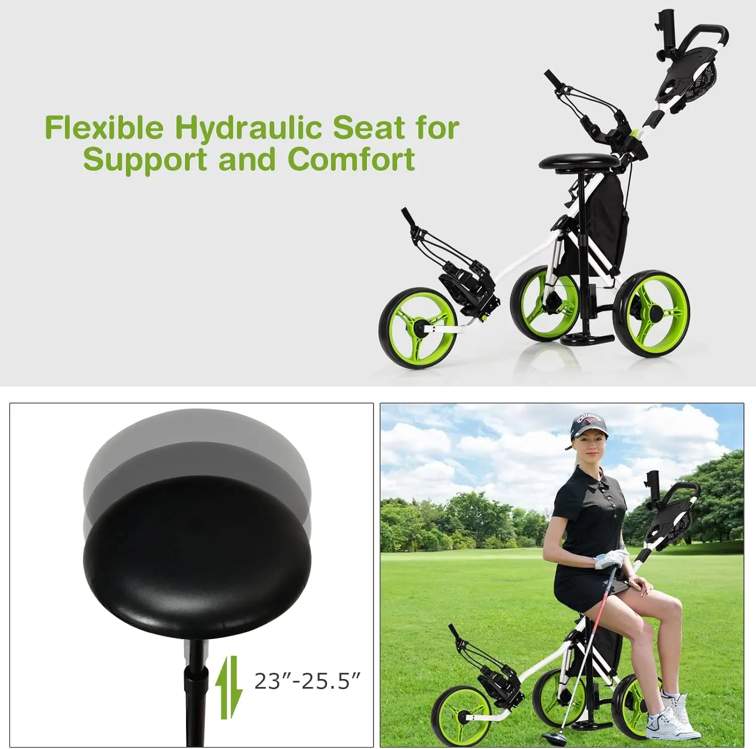 Golf Push Cart, Foldable 3-Wheel Height Adjustable Lightweight Golf Caddy Cart with Umbrella Holder, Hydraulic Seat, Stora