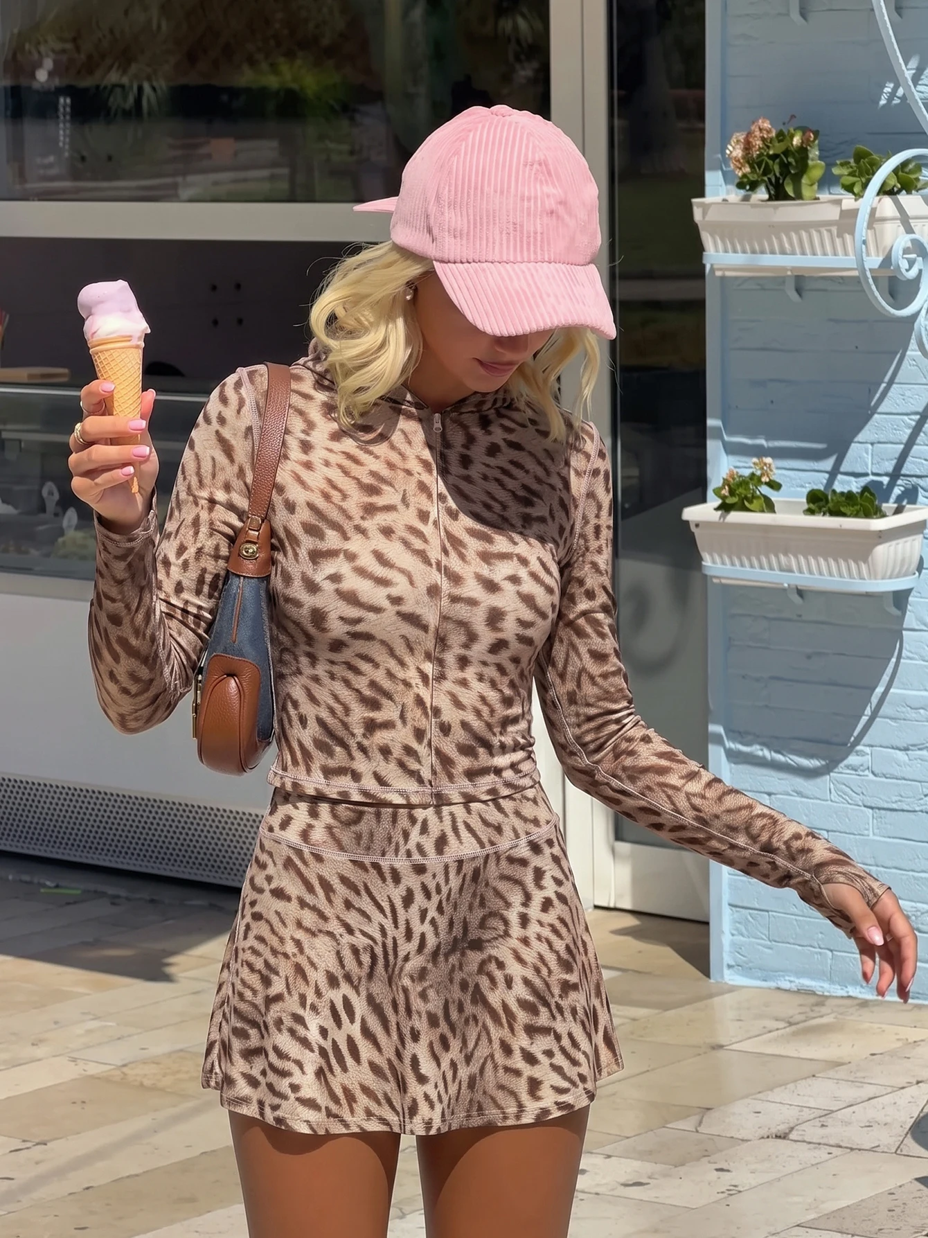 Dulzura Leopard Vintage Casual 2 Piece Skirt Set Hooded Long Sleeve Zipper Cardigan Slim Fit Short Skirt Matching Set Party Club