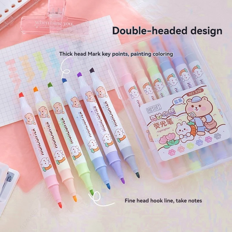 قلم تحديد Kawaii DoubleTips، ألوان متنوعة، مجموعة أقلام رسم مائية سريعة الجفاف مكونة من 6 قطع #5