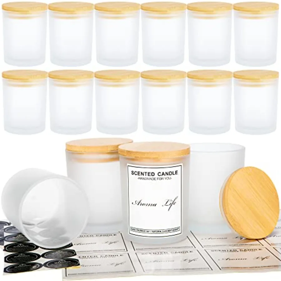 

Набор из 16 толстых стеклянных банок для свечей объемом 10 унций с бамбуковыми крышками для изготовления свечей, оптом, пустые стеклянные контейнеры для свечей и клейкие этикетки.