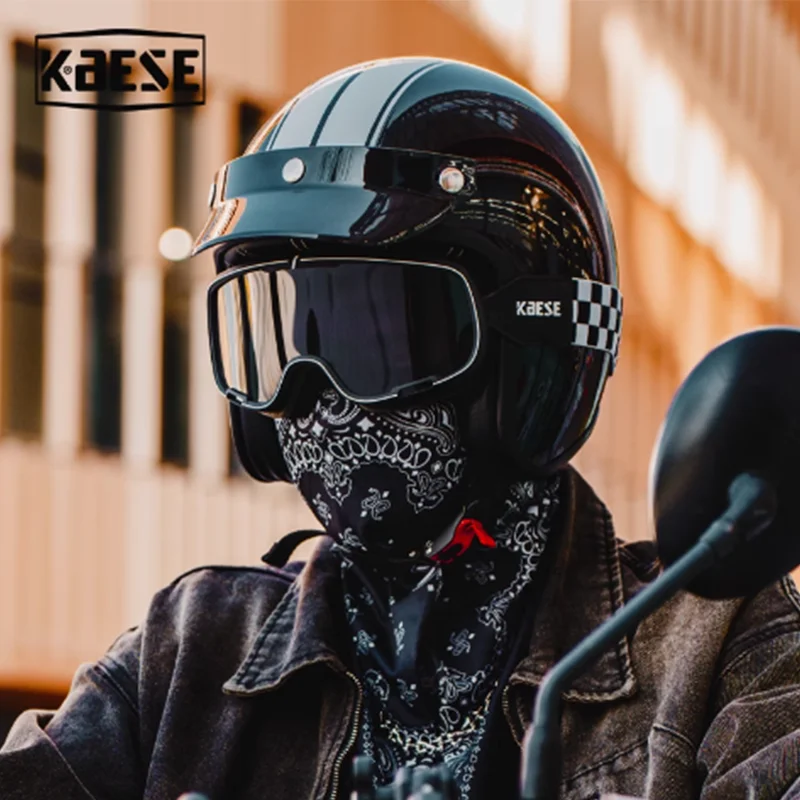 

Retro Look Open Face Motorcycle 3/4 Helmet for Halley Cruiser Bike with Cool Goggles Removable Liner Long Distance Ride