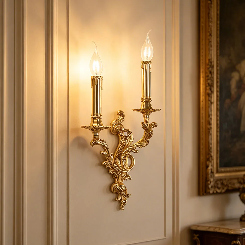 European Style Copper Candle Wall Lamp Living Room Dining Room Bedroom Bedside Entrance Corridor Retro Villa Lighting