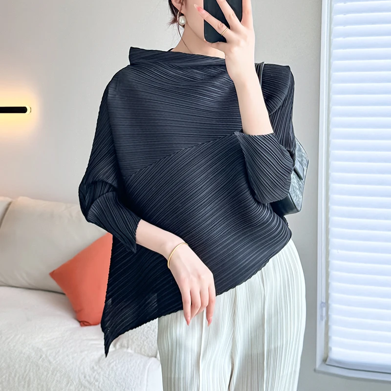 Miyake Pleated Asymmetry Loose Summer Shirt Tops New Fashion Designer Women Half High Collar Long Sleeve Elastic T-Shirt Ladies