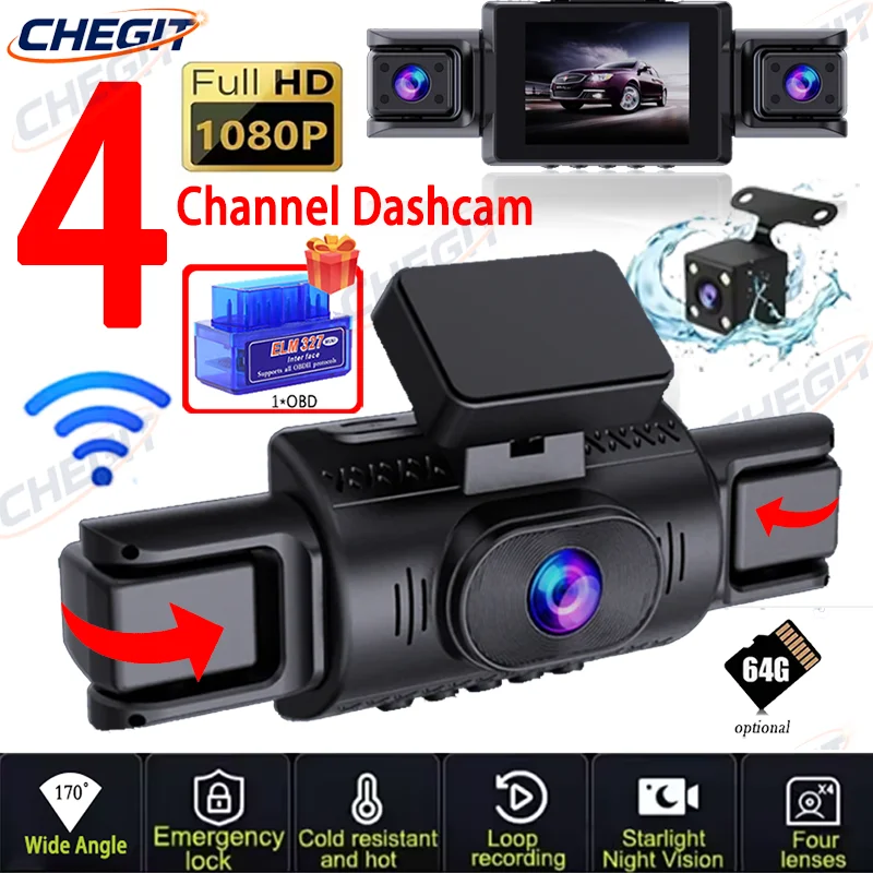 360° 4CH Car DVR OBD & WiFi 4 Way Parking Mode Recorder Front Inside Rear 4 Camera System 1080P Full HD Night Vision Free App