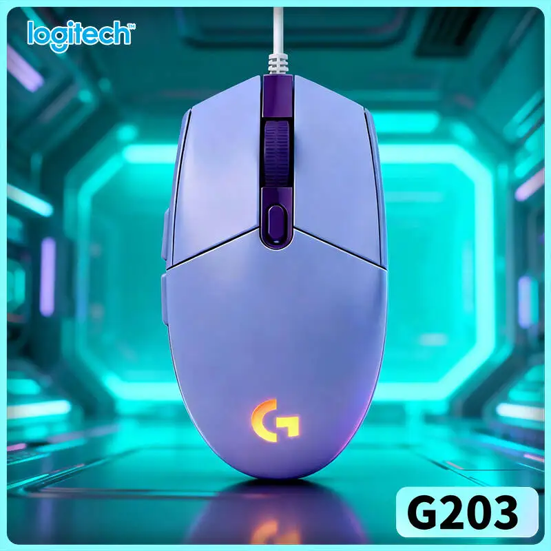 Logitech G203 wired gaming mouse solid cursor stability performance soft RGB glow anti‑slip base USB desktop gaming
