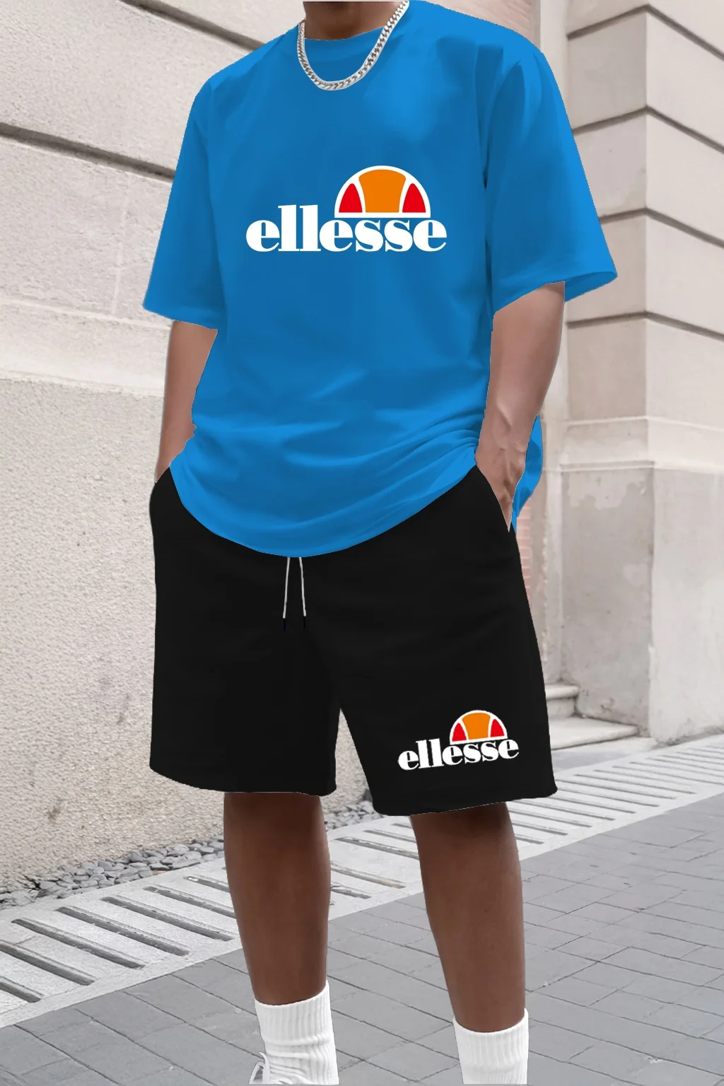 Conjunto de Verão Masculino Casual e Fashionável, Camiseta de Gola Redonda de Manga Curta + Calções, Conjunto Esportivo Respirável em Duas Peças
