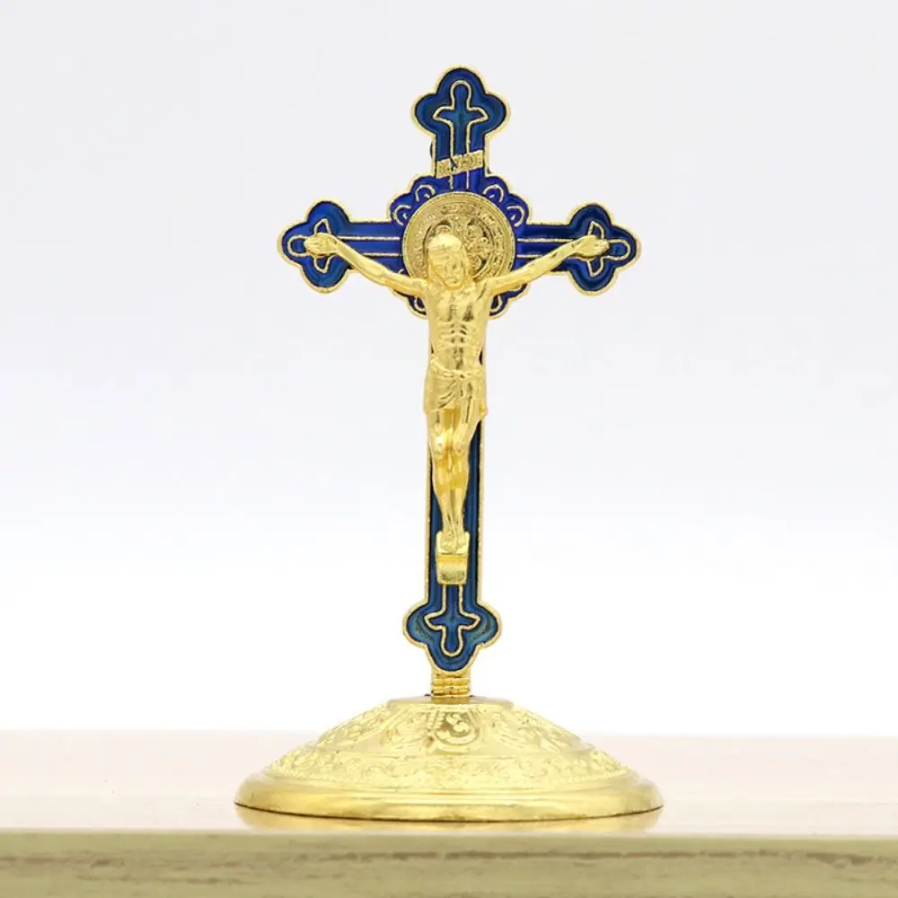 Creative With Stand Church Cross Ornaments Religious Handmade Alloy Cross Ornaments Craft Plated Gold Statue Home Decor