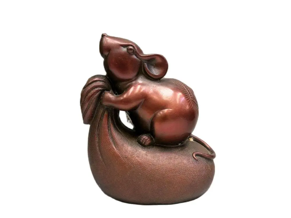 

12.8CM China red bronze mouse sculpture carved copper Feng Shui money purse rat Statue