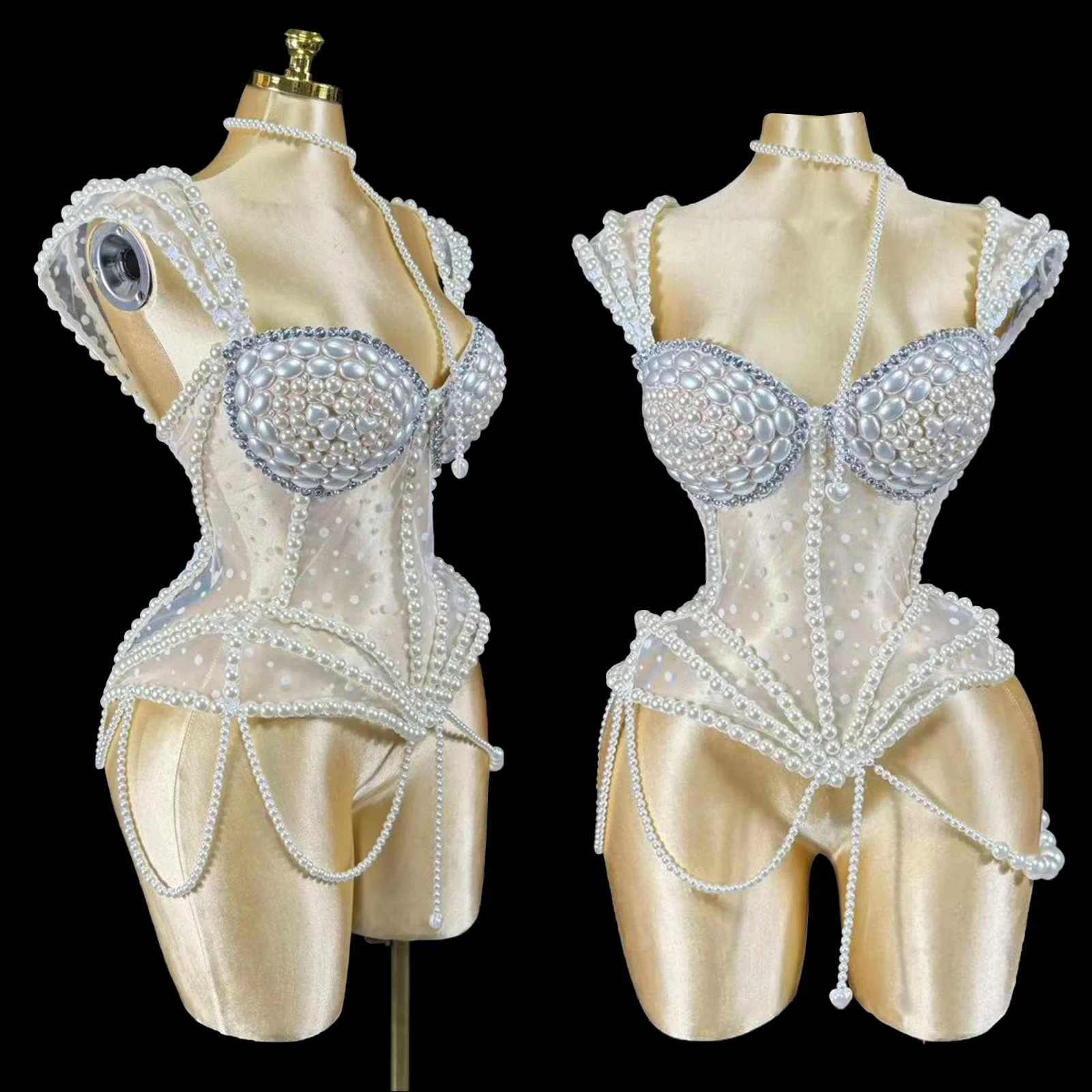 

Stage Dancewear Top Pearls White Dance Costume Woman Performance Showgirl Dancers NightClub Singer Clothes Drag Queen Birthday