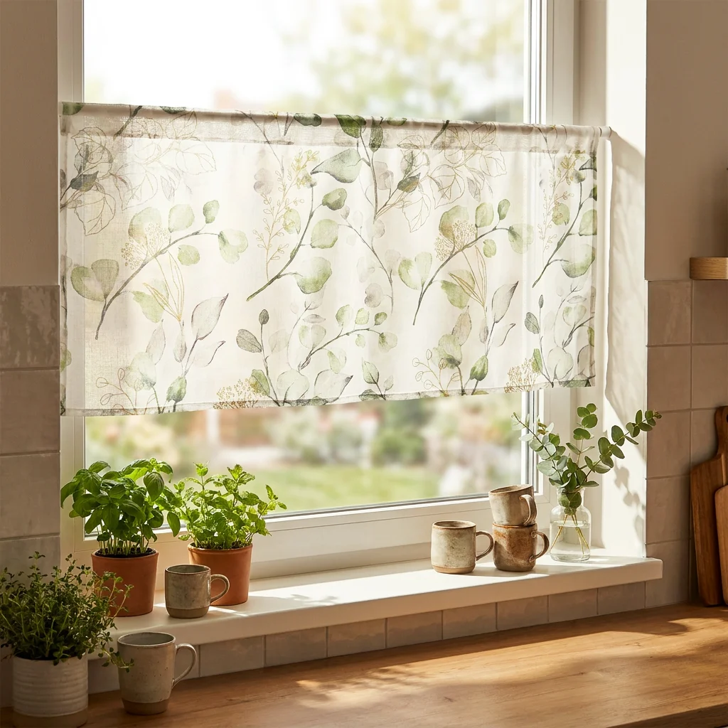 1pc Fresh Rural Green Plant Print Curtains, Small Window Decorative Curtains, Kitchen / Café Half Curtains
