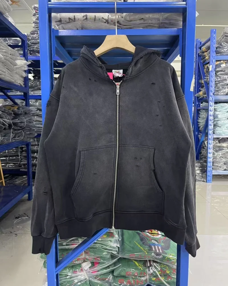 Men's Women's 26SS Trendy Streetwear Solid Color Gradient Winter Retro Zipper Top Quality Purple Black SAINT Hoodie Jacket