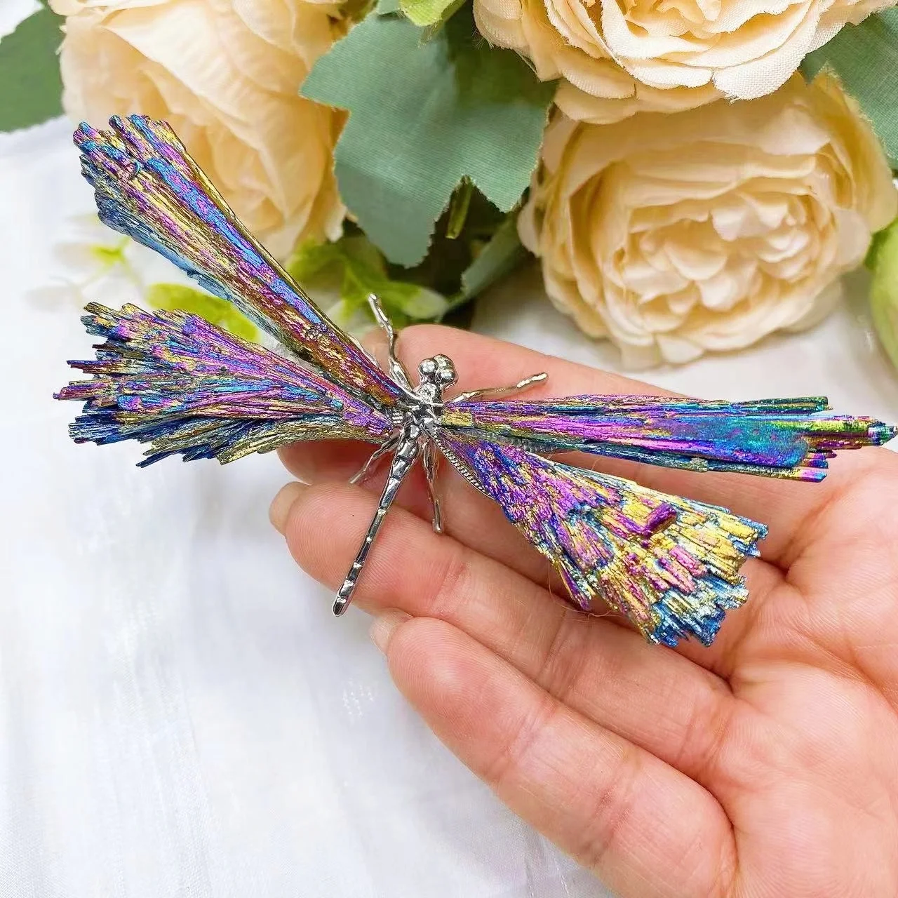 Natural Colorful Tourmaline Electroplanted Dragonfly Spar Crafts Reiki Healing Home Decoration Plating Crystal Butterfly