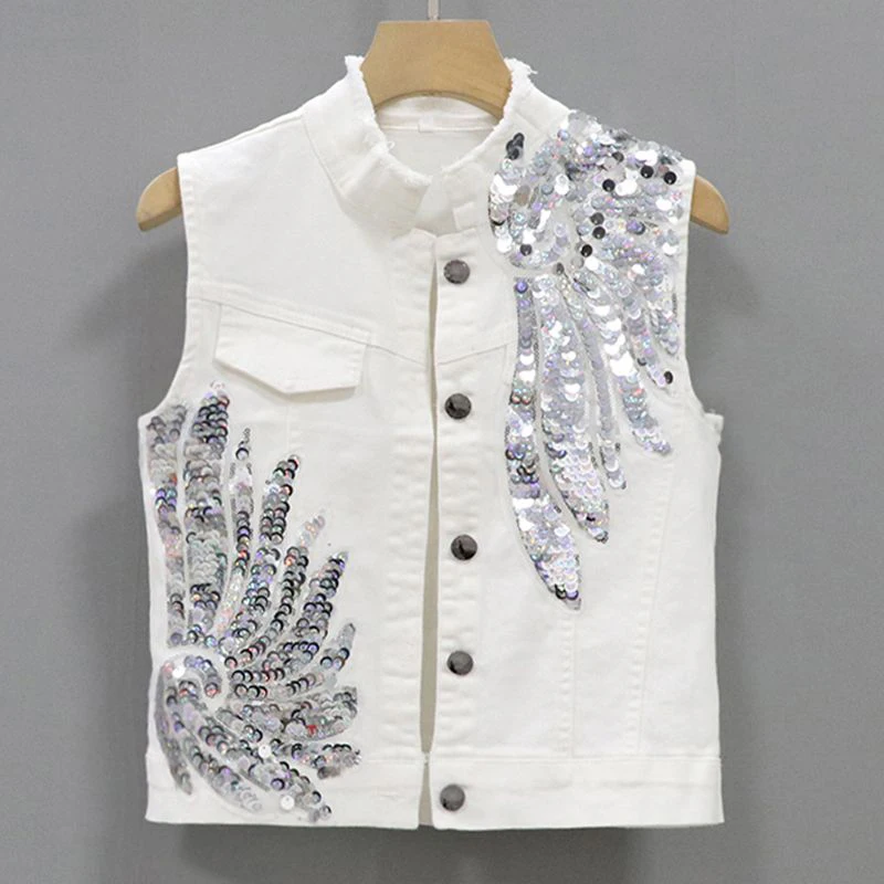 Fashion Denim Vest Jacket Womens Spring Summer New Basic Vests Coat Elastic Embroidery Sequins Female Korean Cowboy Waistcoat