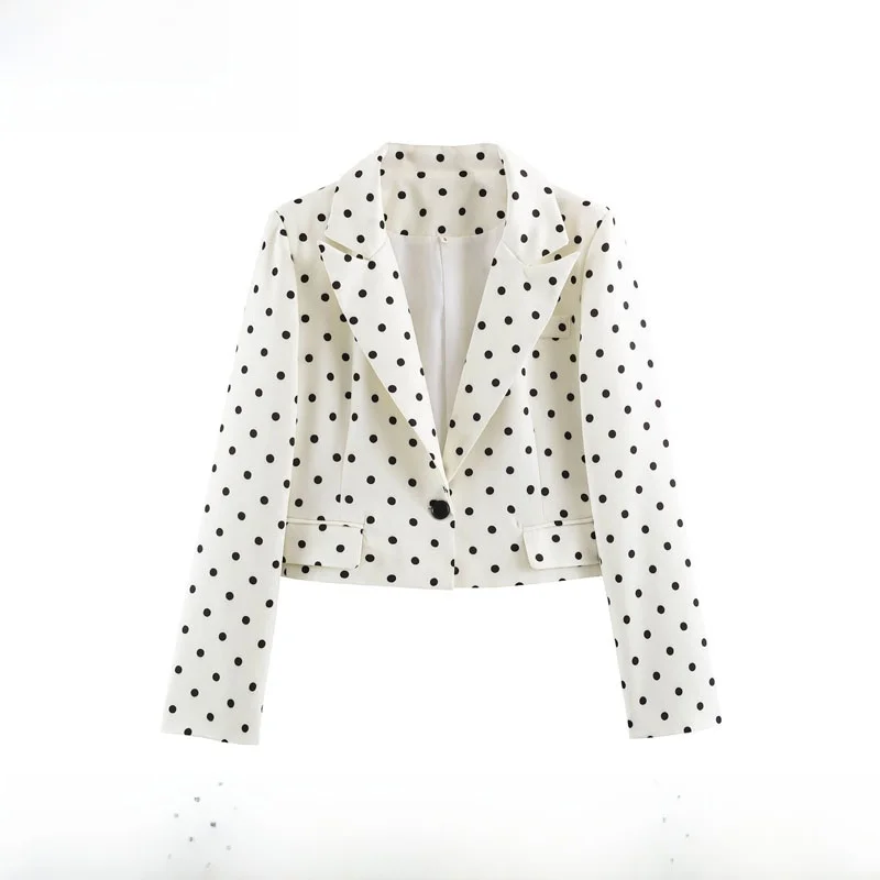 Early Autumn New Arrival Women's Fashion Slim Fit Polka Dot Print Short Suit Jacket Polyester Fiber Long Sleeve Button Closure