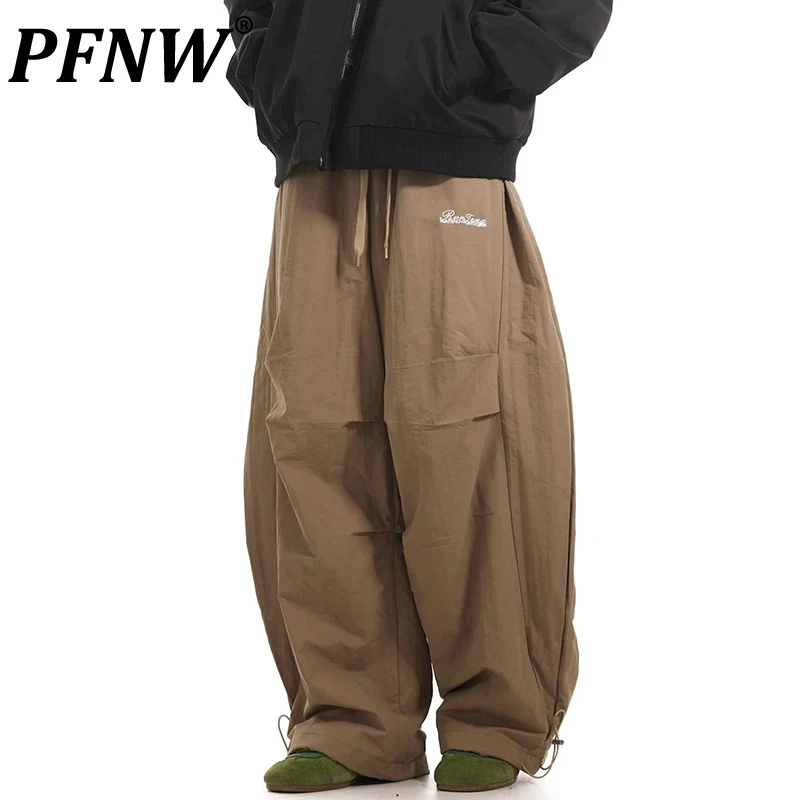 PFNW American Tide Elastic Drawstring Pleated Padded Machete Pants Men's Niche Loose Wide Leg Sweatpants Warm Trousers 28W5741