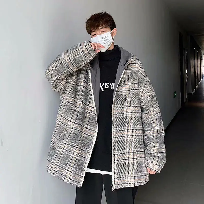 

Spring Autumn Woolen Reversible Plaid Hooded Jacket Fashion Men Loose Casual Simple Personalized Niche Jackets Male Clothes
