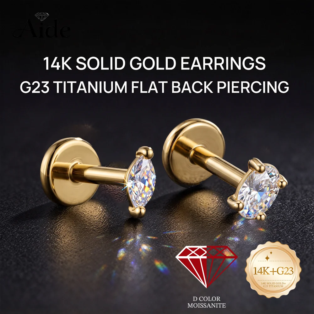 AIDE Pendiente de Oreja de Oro Sólido 14K con Moissanita Brillante Ojos de Caballo para Mujer, Piercing de Oreja con Base Plana de Titanio G23, Joyería Nupcial para Boda
