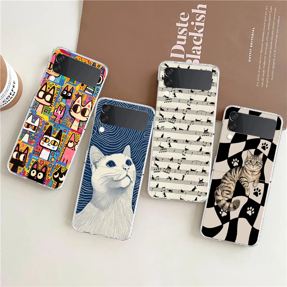 Phone Case For Samsung Galaxy Z Flip 3 4 5 6 7 8 Fold High Hard PC Shell For Galaxy Z Flip3 Clear Cover Black Cat Fashion Art