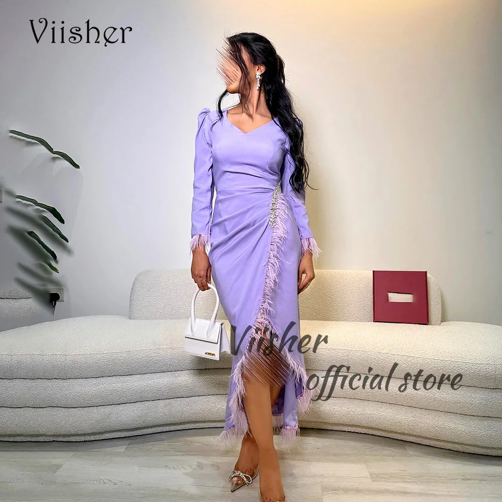 

Viisher Lavender Mermaid Evening Dresses Feather Beads Satin Long Sleeve V Neck Formal Dress Tea Length Dubai Evening Party Gown