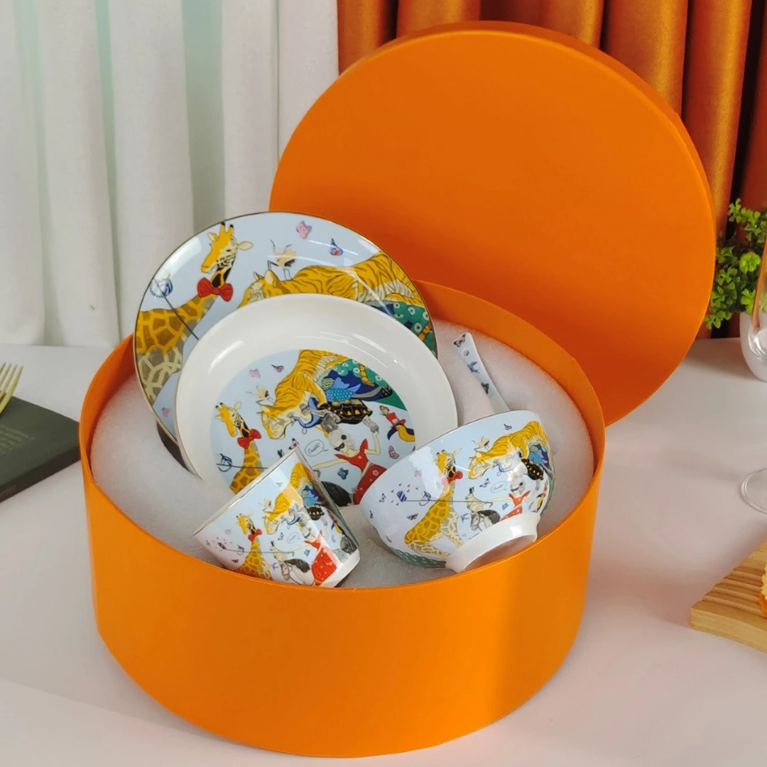 

Rice Bowl Children's Circus Series Bone China 6 Bowls 6 Spoons Plates Cups Gift Box Packaging Gift Good Products