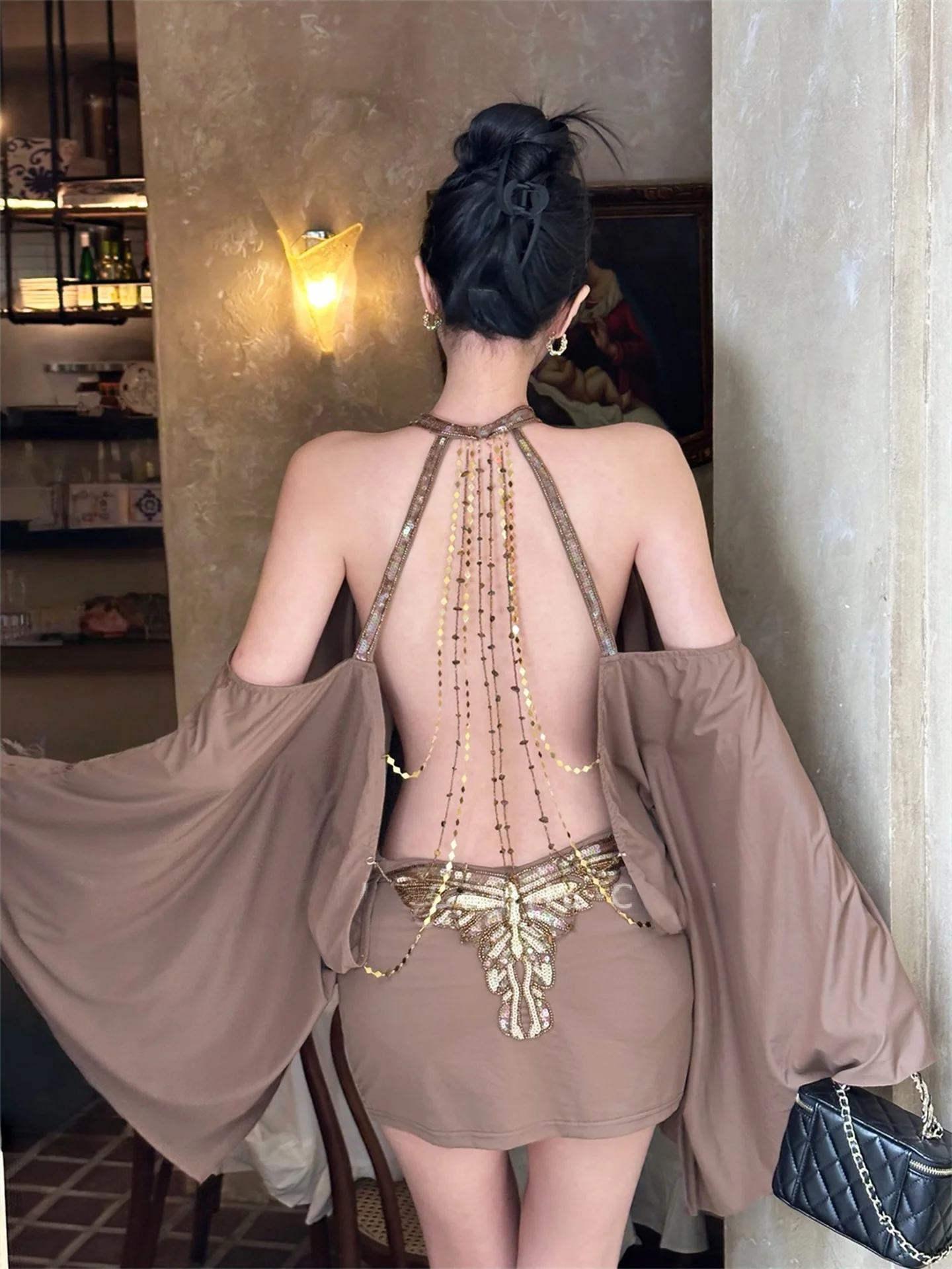 

Sexy Embroidery Bead Backless Halter Neck Dress Women's Flared Batwing Sleeve Short Skirt Zipper Waist Fit Bodycon ...