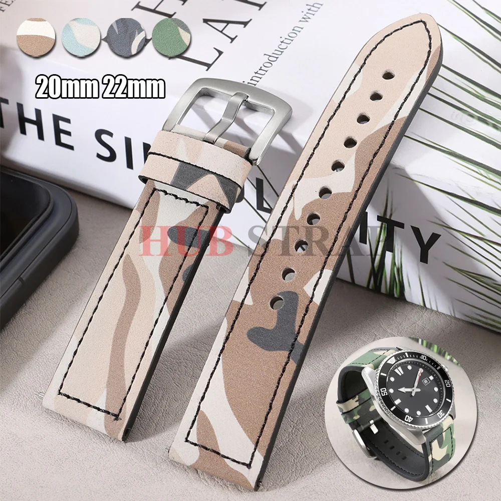 Camouflage Leather Watch Strap 20mm 22mm Blue Green Black Khaki Wristband Universal Fashion Watch Band Quick Release Bracelets