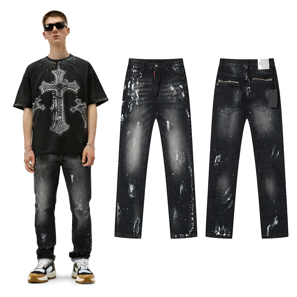 

New Streetwear Clothing Y2k Slim Fit Jeans with Distressed Printed Hip Hop Street Style Cotton Casual Retro Vintage Skinny Jeans
