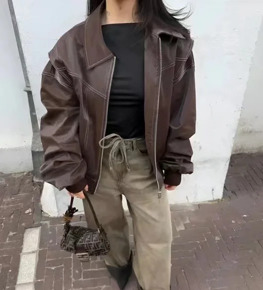 

Woman Clothes Patchwork Cropped Coat Fashion Solid Color Lapel Zipper Closure Jacket Vintage Casual Chic Female Loose Outerwear