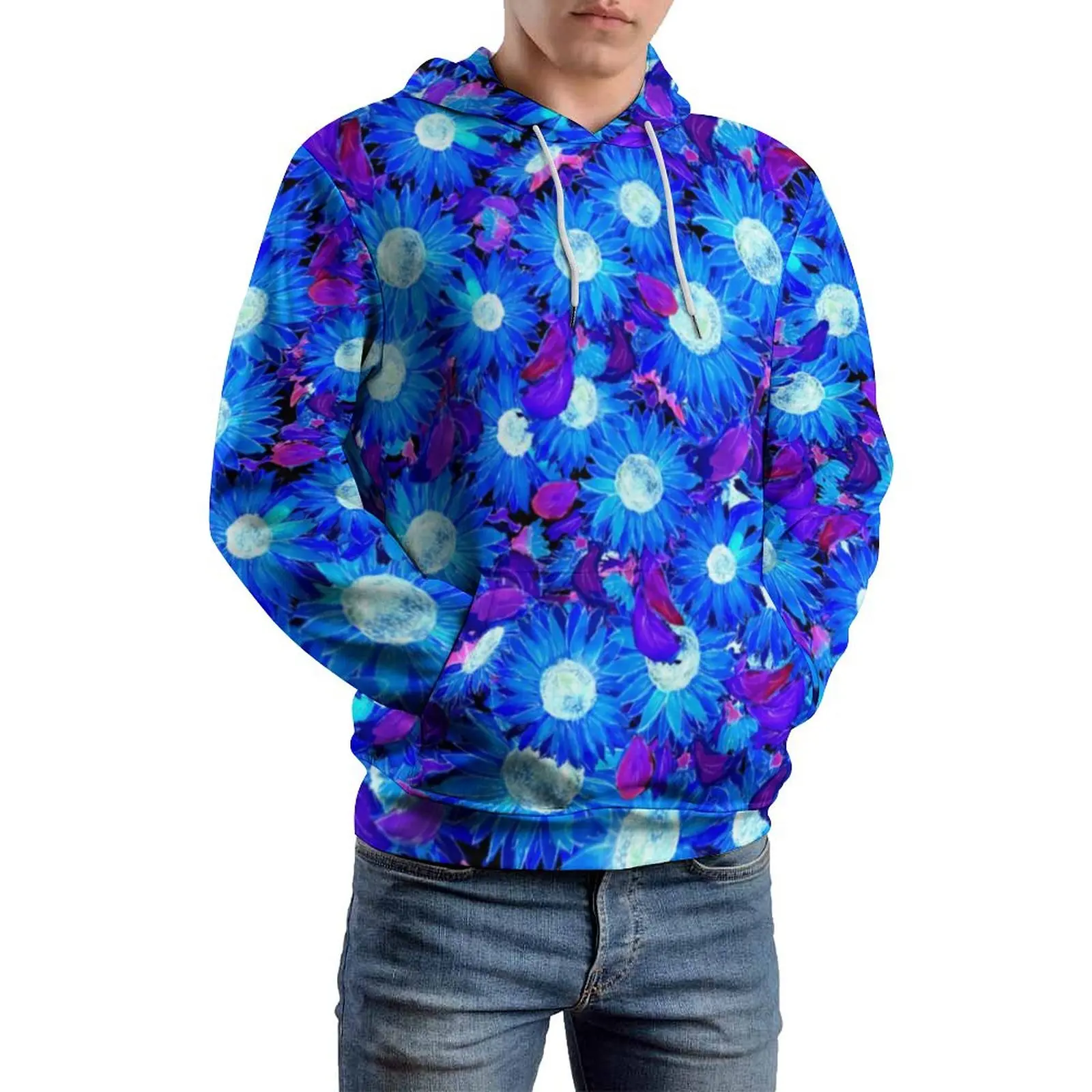 Blue And Purple Sunflower Loose Hoodies Floral Print Classic Pullover Hoodie Men Long Sleeve Hip Hop Sweatshirts Plus Size