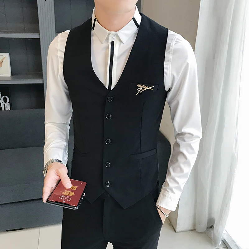 Slim-fit Europe United States Simple Single Breasted A Custom Men's Suit Vest Peaked Lapel Wedding Best Man Vest Barber Tooling