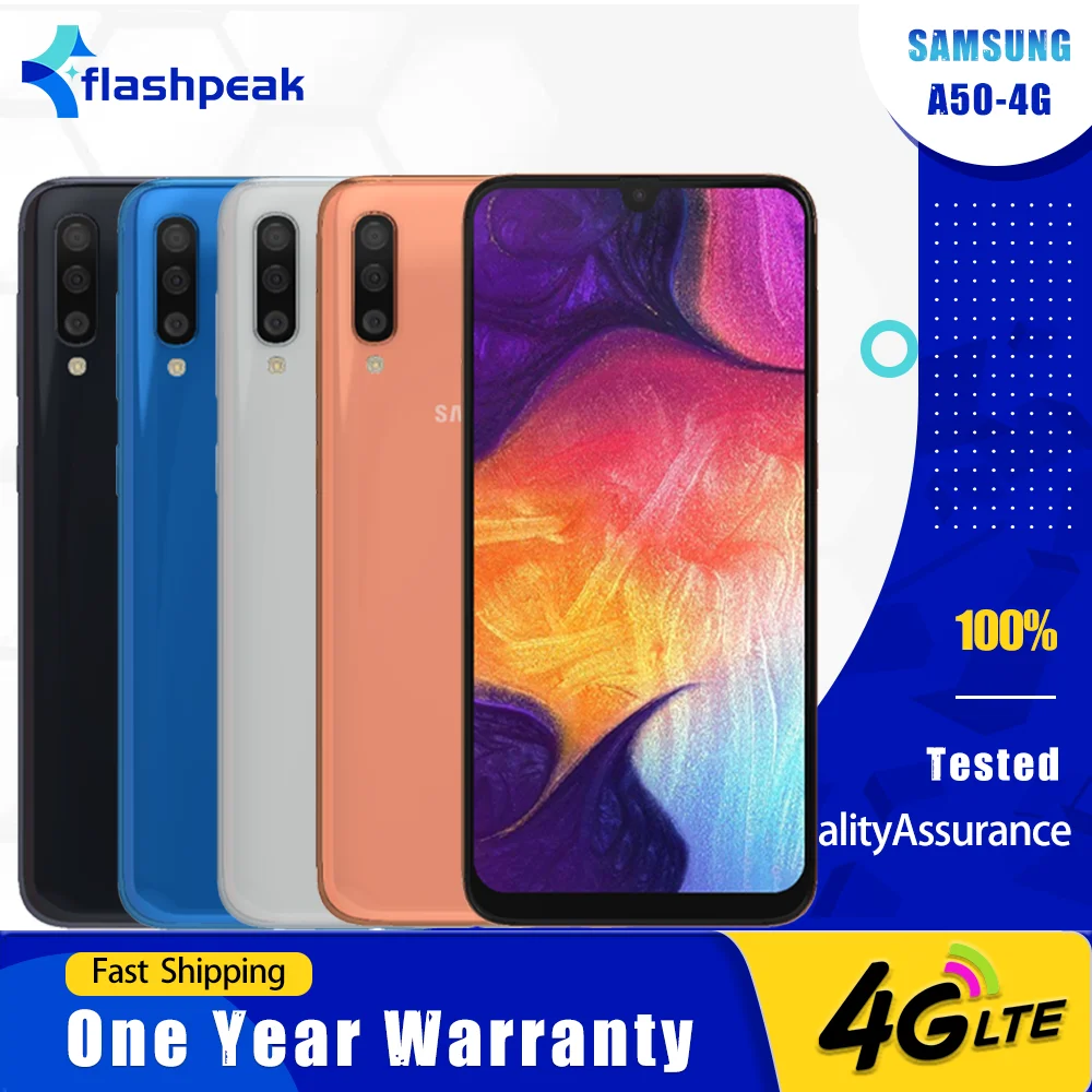 Оригинальный мобильный телефон Samsung Galaxy A50 A505F A505U 4G, 4 ГБ ОЗУ, 64 ГБ ПЗУ, 6,4 дюйма, 25 МП + 8 МП + 5 МП, восьмиядерный смартфон на базе Android