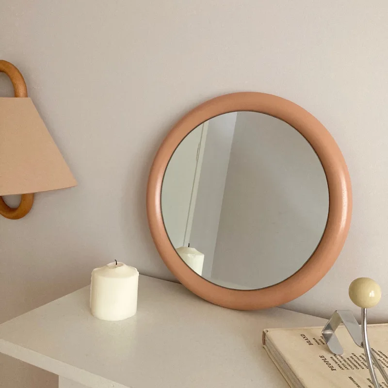 JOYLOVE Nordic Style Round Makeup Mirror Vintage Natural Wood Frame Desktop Dressing Make Up Mirror Table Room Decoration Photo