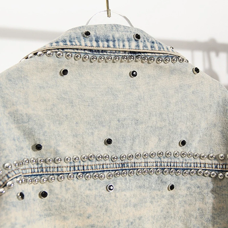 Light Blue Vintage Women Cardigan Jeans Shawl With Rivets Diamonds 2022 Summer Long Sleeve Crop Tops Lady Denim Short Jackets