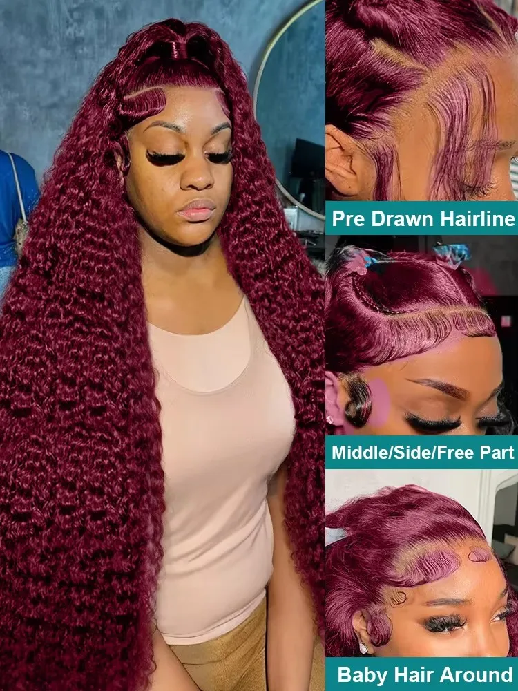 99J بورجوندي 30 32 40 بوصة موجة عميقة 13x6 الدانتيل شعر مستعار أمامي مجعد أحمر اللون 13x4 HD الدانتيل الشفاف أمامي الشعر البشري